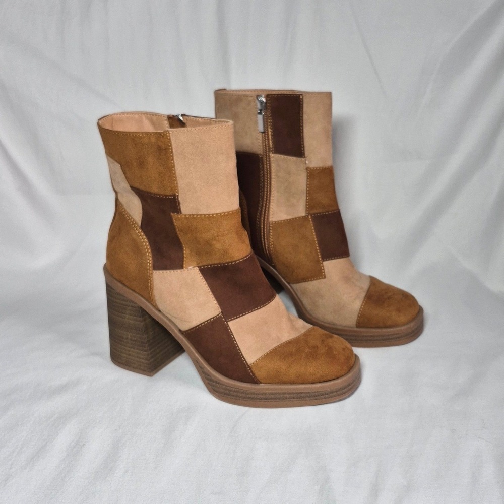 Brown tan suede patchwork platform boots with heels women's 8